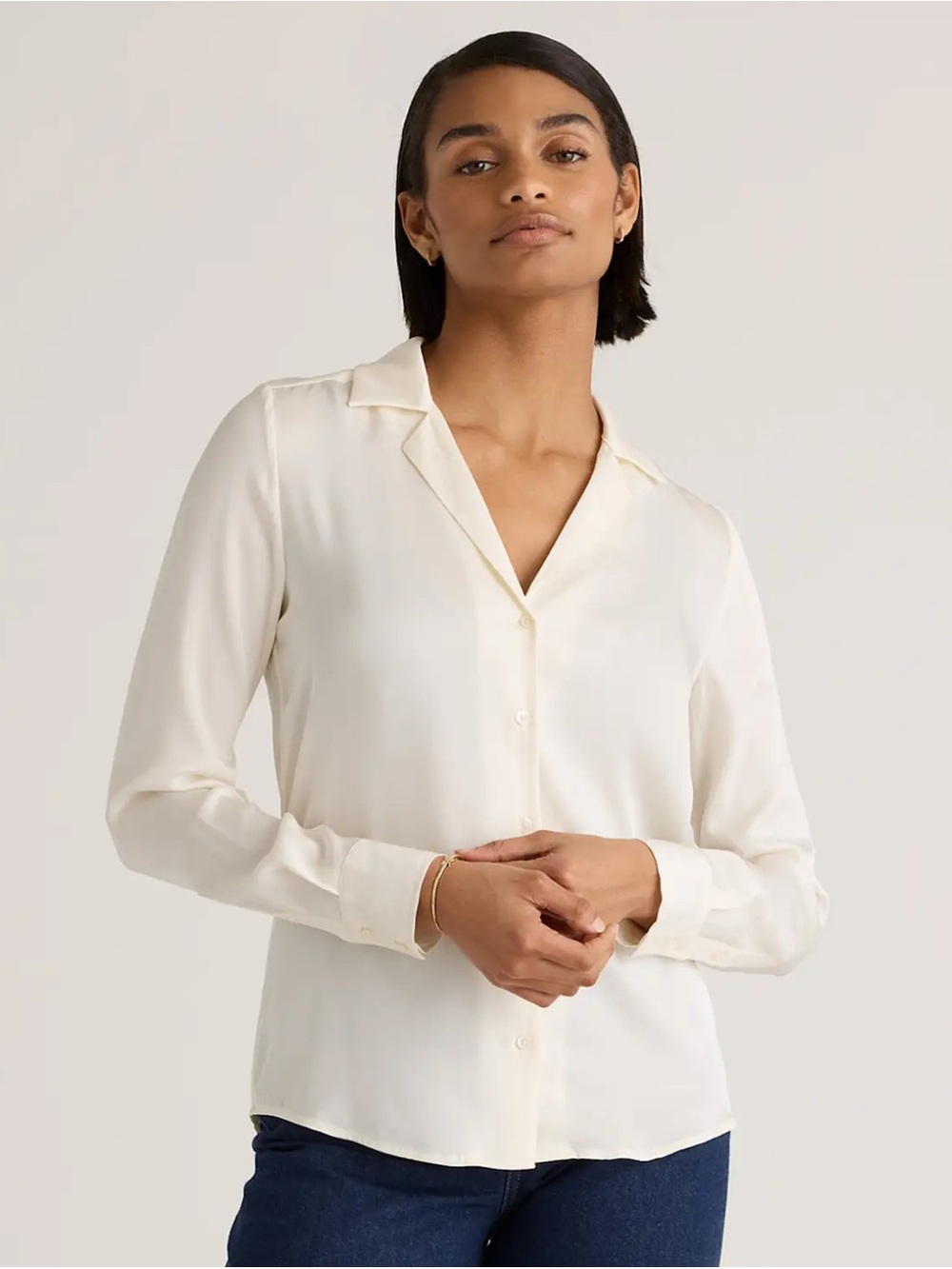 Quince Washable Stretch Silk Button Down Blouse Ivory Size Medium M
